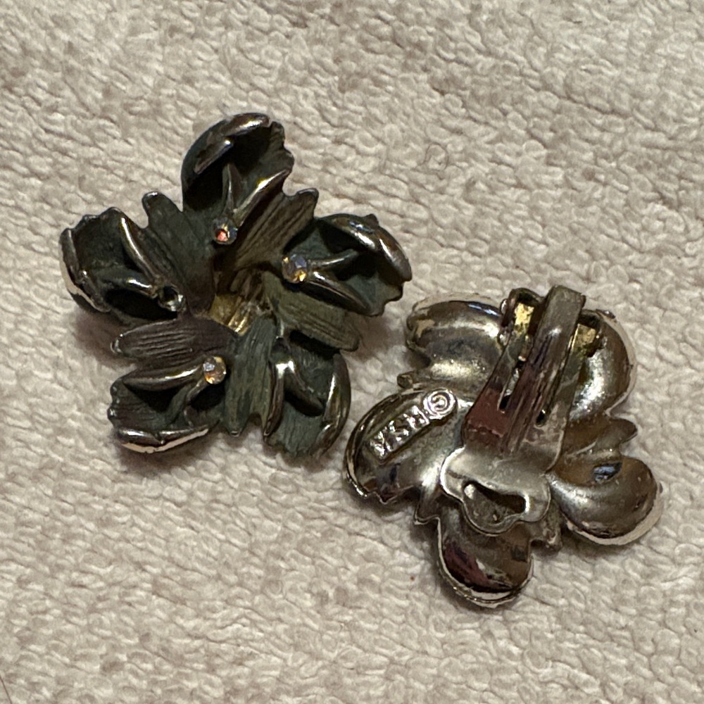 Silver and Green Floral clip Earrings